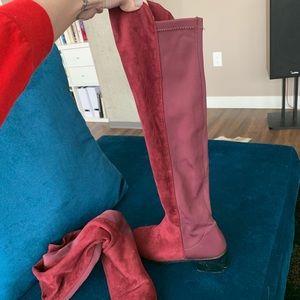 Maroon suede/nylon knee high boots